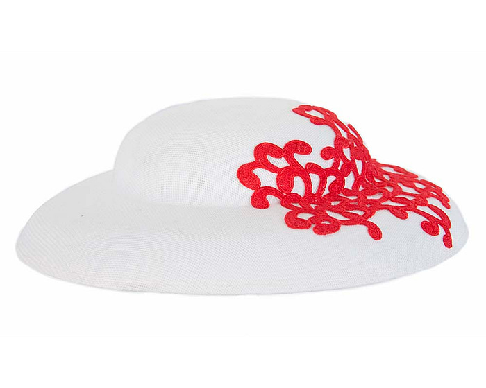 Unusual white & red boater hat with lace by Max Alexander - Fascinators.com.au