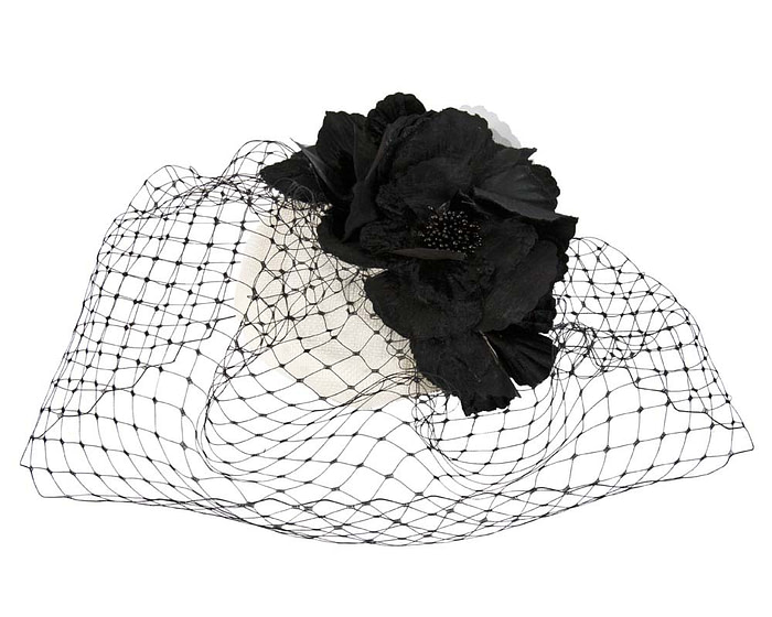 White & black flower pillbox with face veiling - Fascinators.com.au