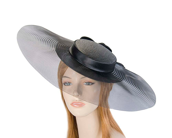 Wide brim black boater hat by Fillies Collection - Fascinators.com.au