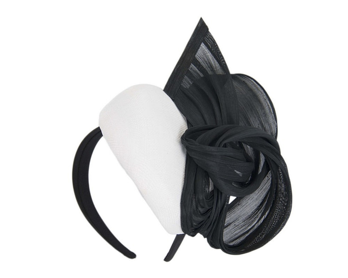 White & black pillbox with silk abaca bow - Fascinators.com.au