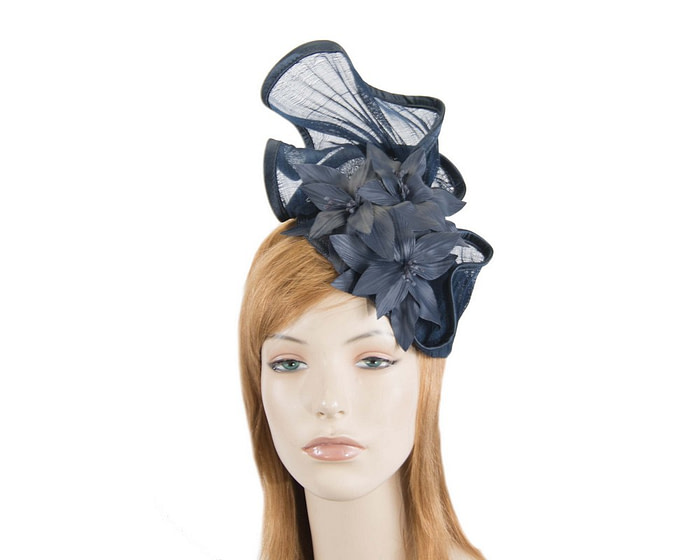 Navy fascinator with leather flowers by Fillies Collection - Fascinators.com.au