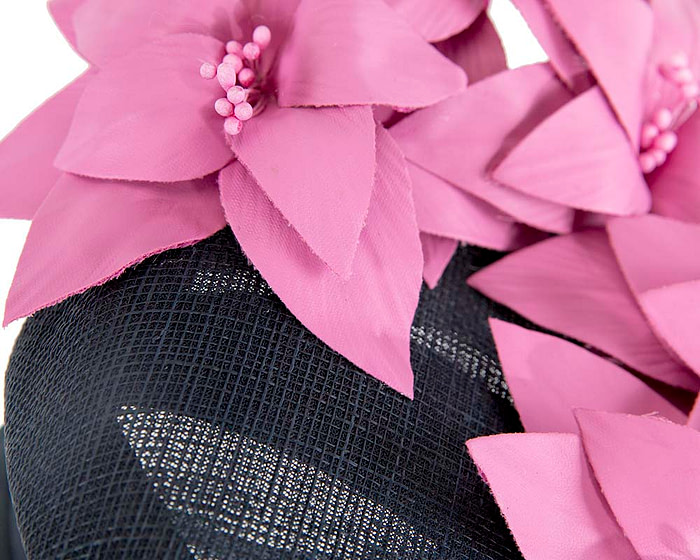 Navy & fuchsia leather flowers pillbox by Fillies Collection - Fascinators.com.au