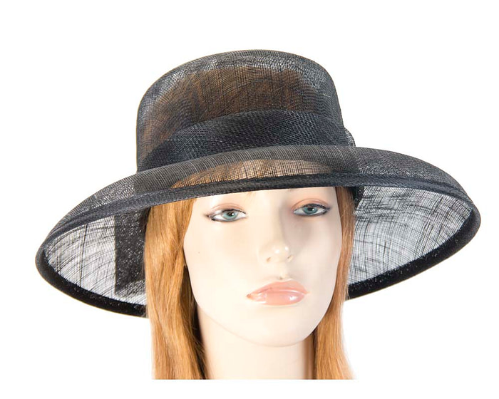 Black wide brim sinamay hat with bow - Fascinators.com.au