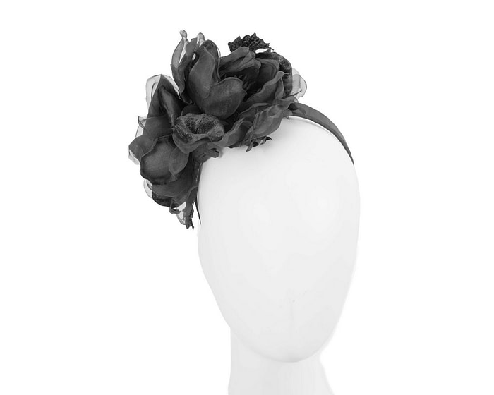 Large black flower headband fascinator by Fillies Collection - Fascinators.com.au