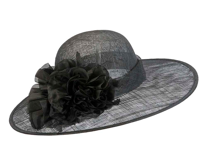 Wide brim black racing hat with flower by Max Alexander - Fascinators.com.au