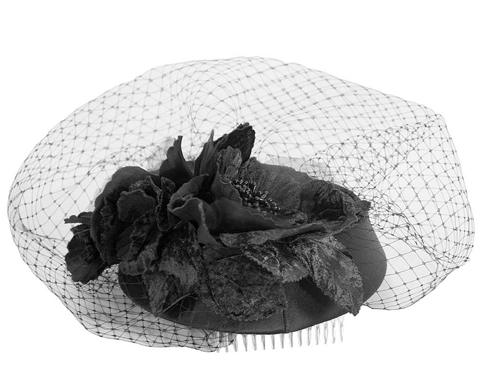 Black pillbox hat with flowers and veil by Cupids Millinery - Fascinators.com.au