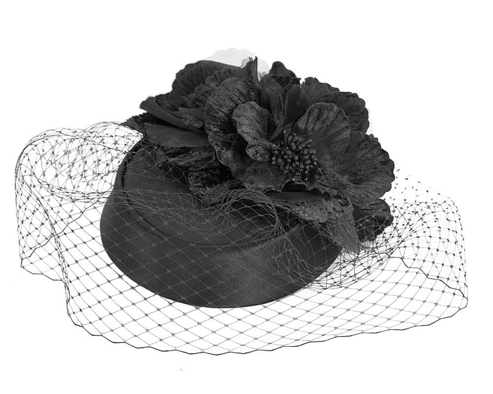 Black pillbox hat with flowers and veil by Cupids Millinery - Fascinators.com.au