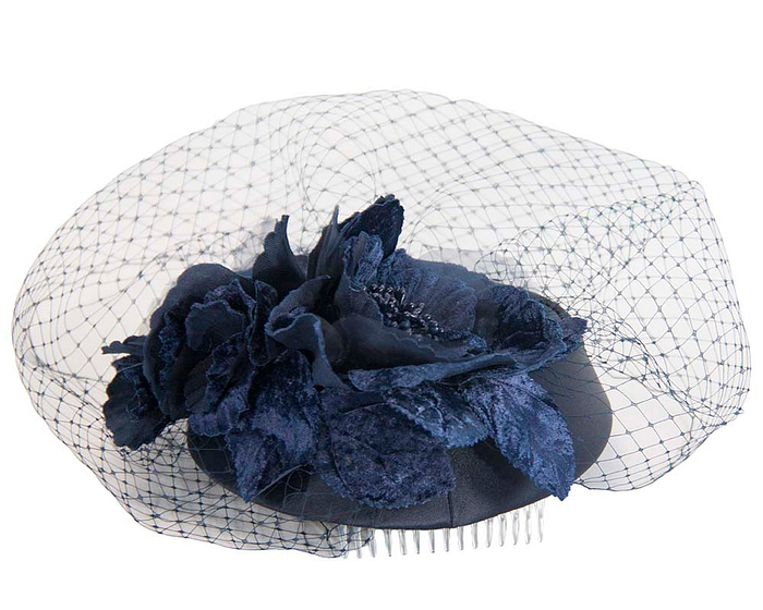 Navy pillbox hat with flowers and veil by Cupids Millinery - Fascinators.com.au