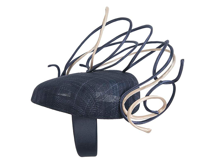 Bespoke navy & nude wire loops pillbox racing fascinator by Fillies Collection - Fascinators.com.au