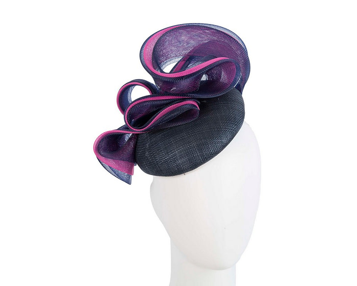 Navy pillbox racing fascinator with fuchsia wavy trim by Fillies Collection - Fascinators.com.au