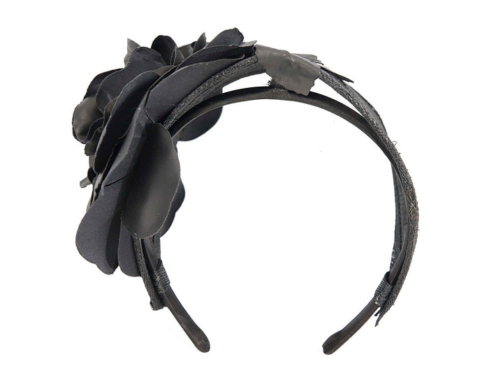 Black leather flower headband racing fascinator - Fascinators.com.au