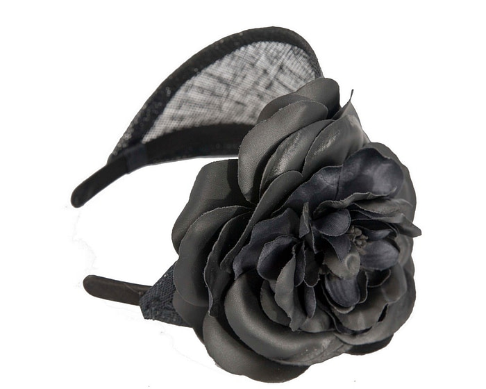 Black leather flower headband racing fascinator - Fascinators.com.au