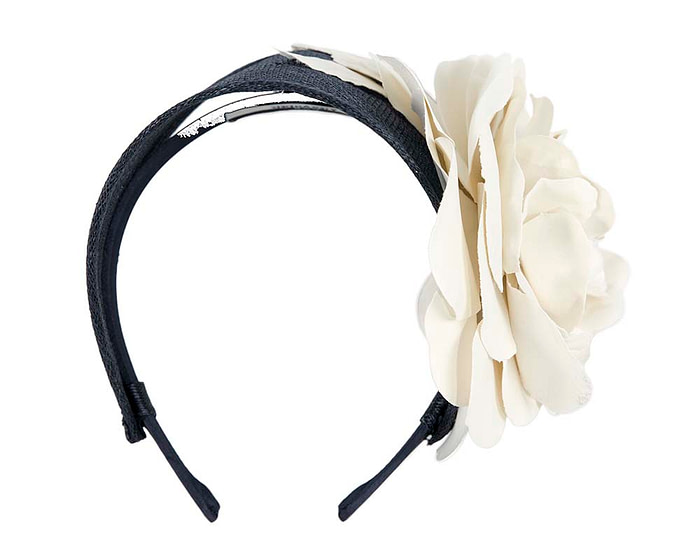 Navy and cream leather flower headband racing fascinator - Fascinators.com.au