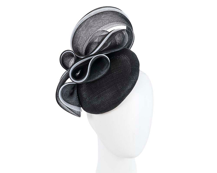 Black pillbox racing fascinator with white wavy trim by Fillies Collection - Fascinators.com.au