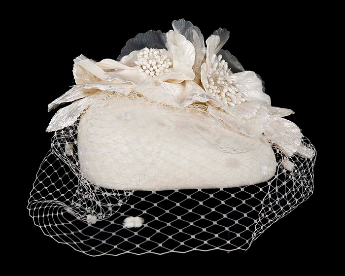 Cream winter felt pillbox with face veil by Fillies Collection - Fascinators.com.au