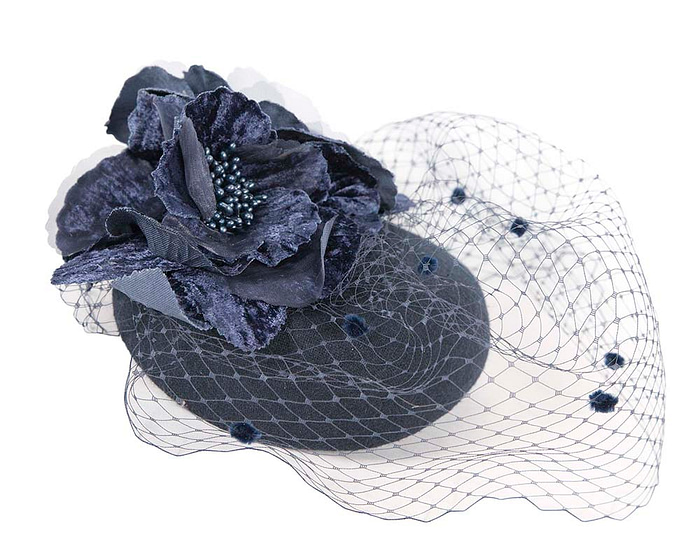 Navy winter felt pillbox with face veil by Fillies Collection - Fascinators.com.au