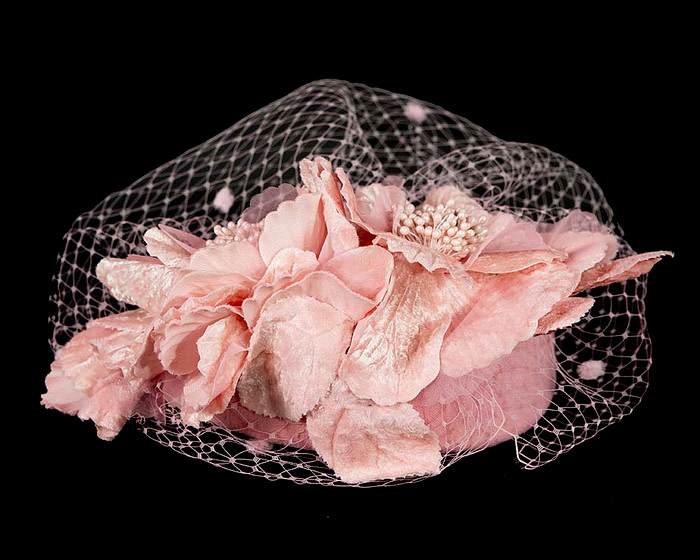 Pink winter felt pillbox with face veil by Fillies Collection - Fascinators.com.au
