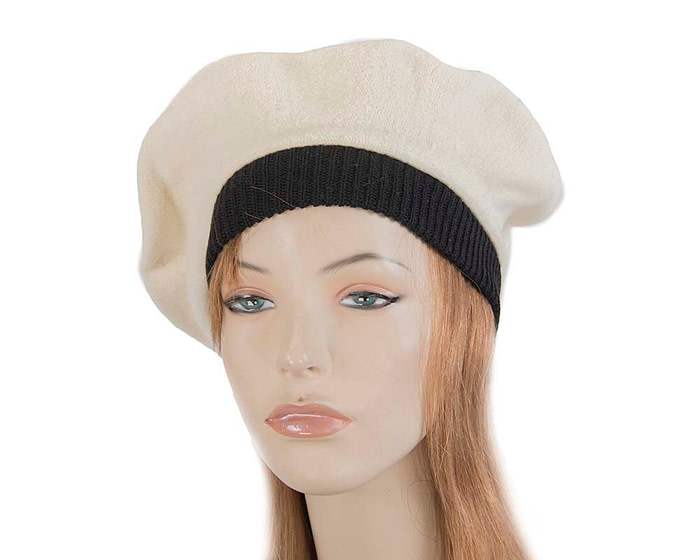 Warm cream and black woolen embroidered European Made beret - Fascinators.com.au