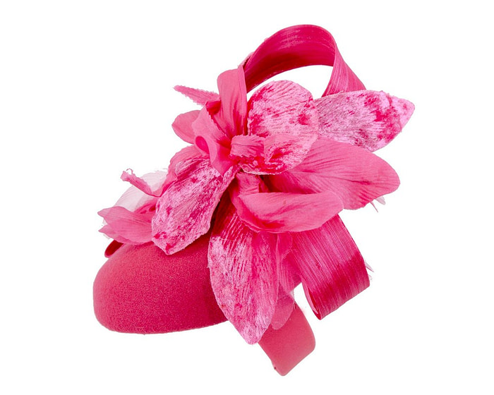 Bespoke fuchsia pillbox winter fascinator with flower by Fillies Collection - Fascinators.com.au