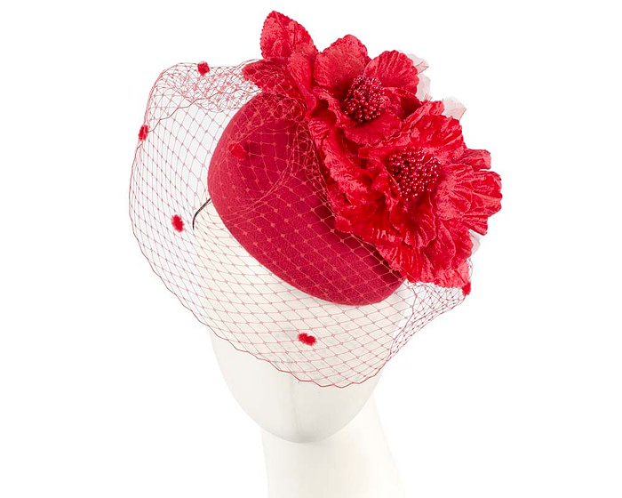 Red winter felt pillbox with face veil by Fillies Collection - Fascinators.com.au