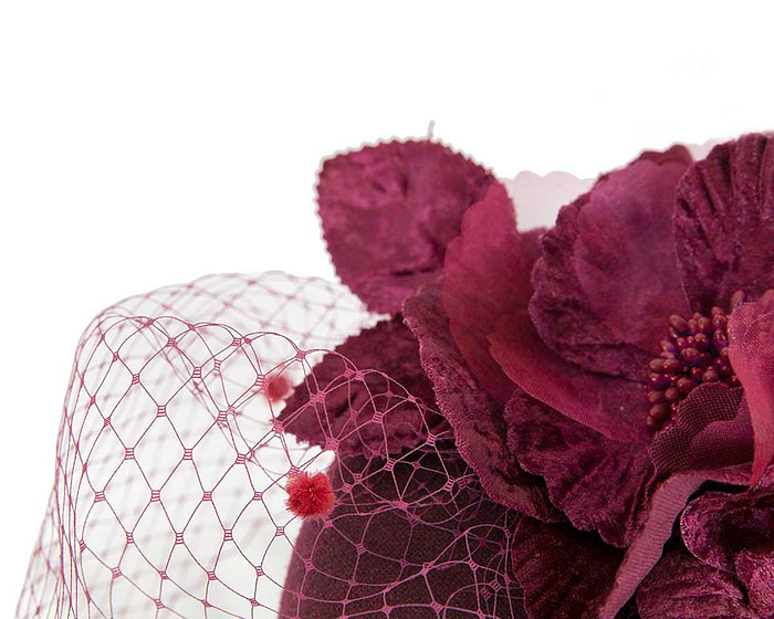 Burgundy winter felt pillbox with face veil by Fillies Collection - Fascinators.com.au