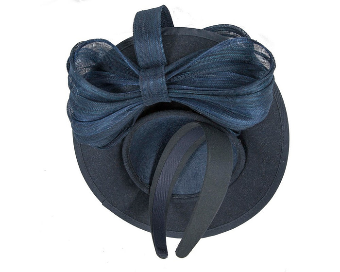 Large navy plate fascinator with bow by Fillies Collection - Fascinators.com.au