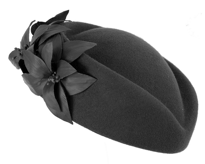 Bespoke black felt beret hat by Fillies Collection - Fascinators.com.au