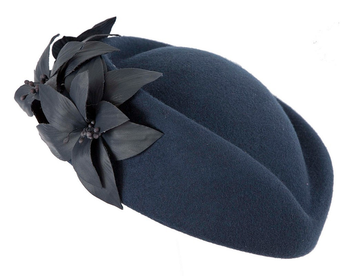 Bespoke navy felt beret hat by Fillies Collection - Fascinators.com.au