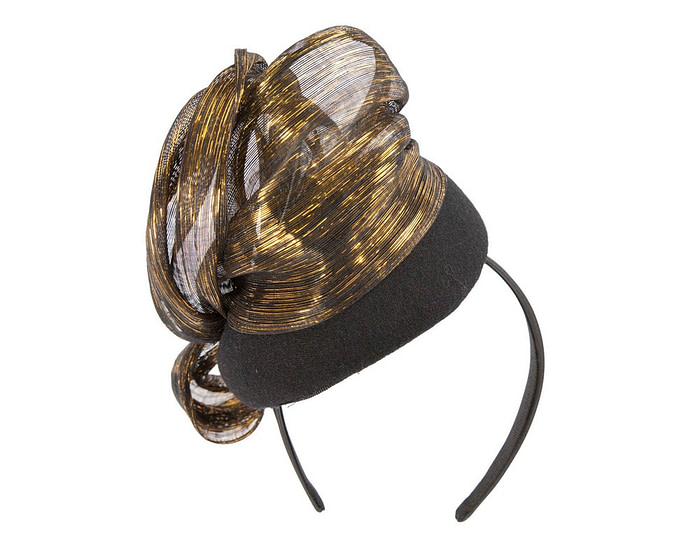 Bespoke black & gold winter racing pillbox with bow by Fillies Collection - Fascinators.com.au