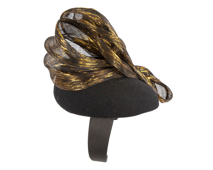 Bespoke black & gold winter racing pillbox with bow by Fillies Collection - Fascinators.com.au