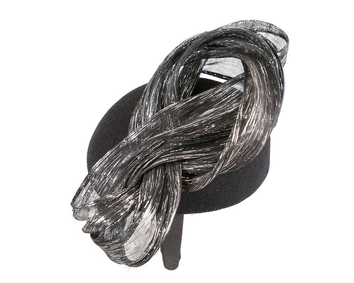 Bespoke black & silver winter racing pillbox with bow by Fillies Collection - Fascinators.com.au