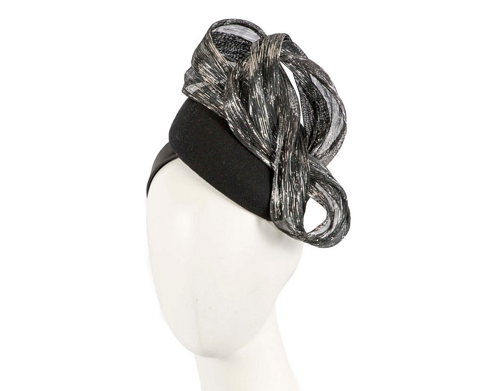 Bespoke black & silver winter racing pillbox with bow by Fillies Collection - Fascinators.com.au