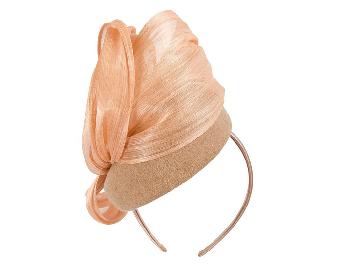 Bespoke beige winter racing pillbox with bow by Fillies Collection - Fascinators.com.au