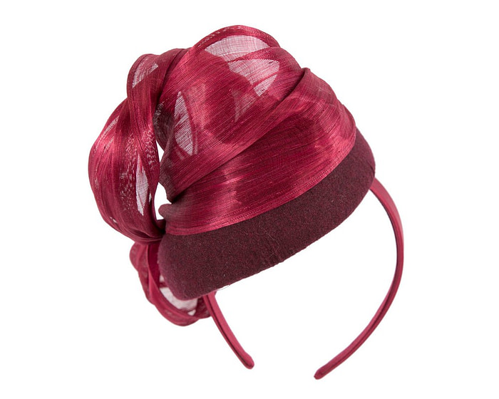 Bespoke burgundy winter racing pillbox with bow by Fillies Collection - Fascinators.com.au