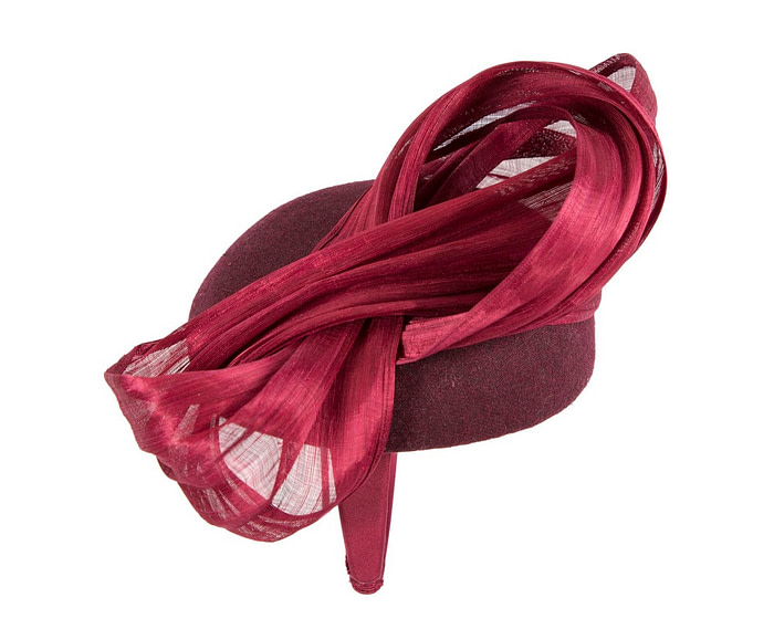 Bespoke burgundy winter racing pillbox with bow by Fillies Collection - Fascinators.com.au