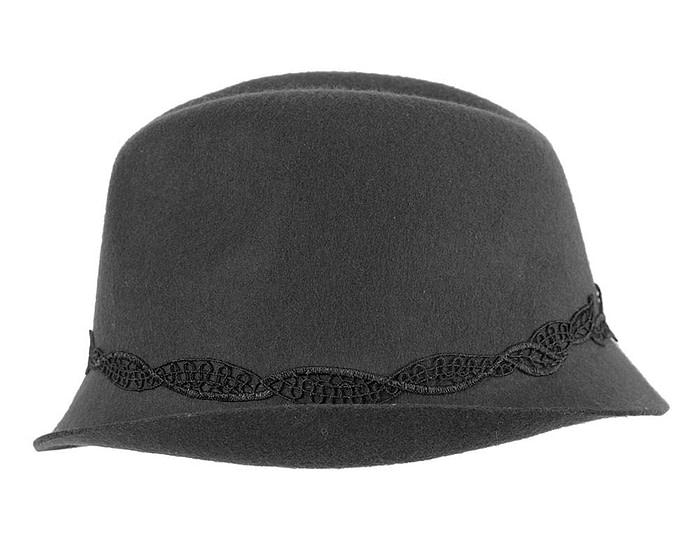 Black felt trilby hat with lace by Max Alexander - Fascinators.com.au