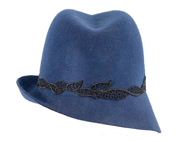 Navy felt trilby hat with lace by Max Alexander - Fascinators.com.au