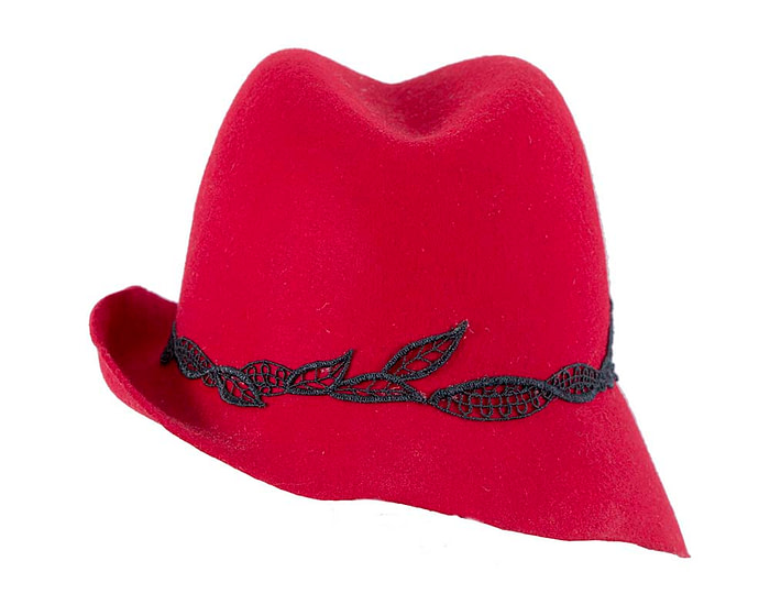 Red felt trilby hat with lace by Max Alexander - Fascinators.com.au