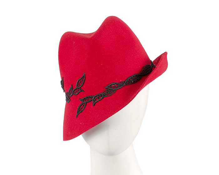 Red felt trilby hat with lace by Max Alexander - Fascinators.com.au