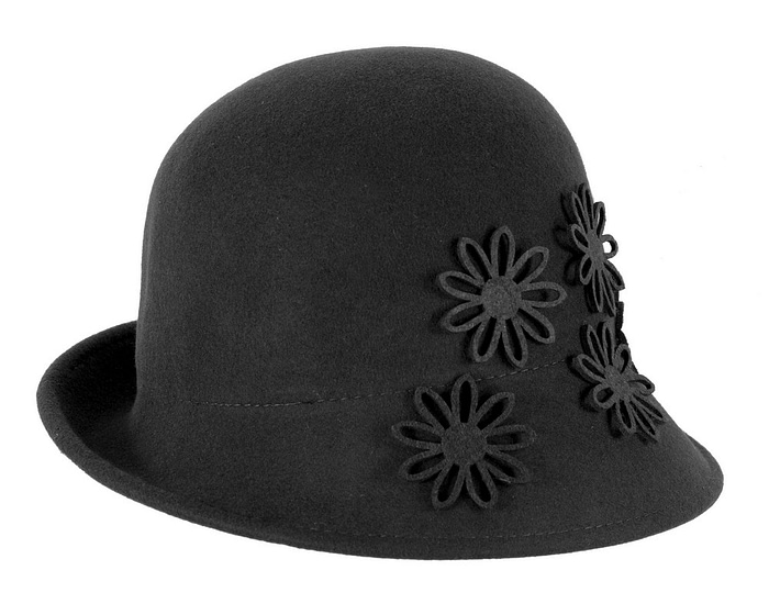 Black cloche winter felt hat with laser-cut flowers by Max Alexander - Fascinators.com.au