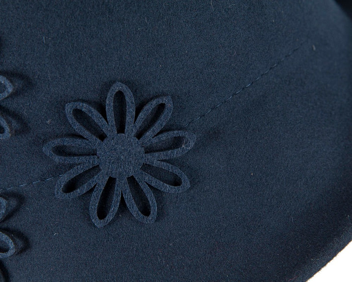 Navy cloche winter felt hat with laser-cut flowers by Max Alexander - Fascinators.com.au