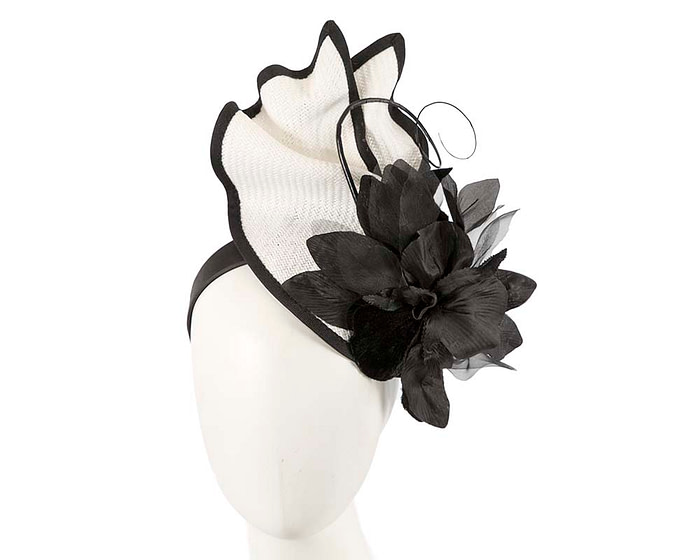 White & black racing fascinator with flower by Fillies Collection - Fascinators.com.au
