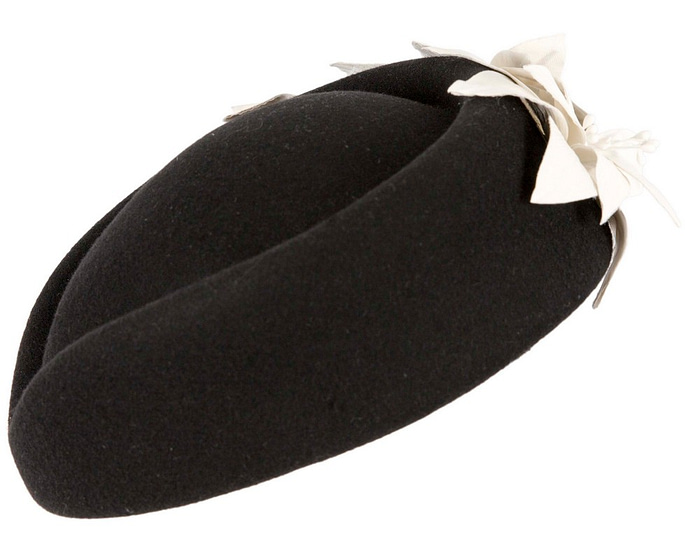 Bespoke black and cream felt beret hat by Fillies Collection - Fascinators.com.au
