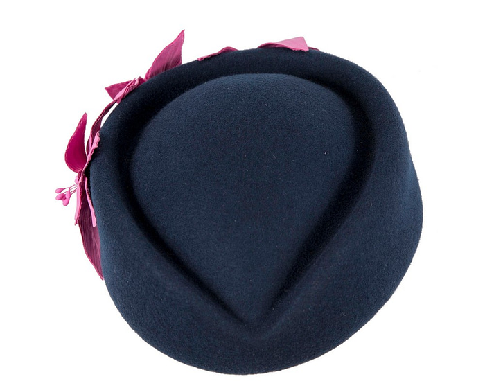 Bespoke navy and fuchsia felt beret hat by Fillies Collection - Fascinators.com.au
