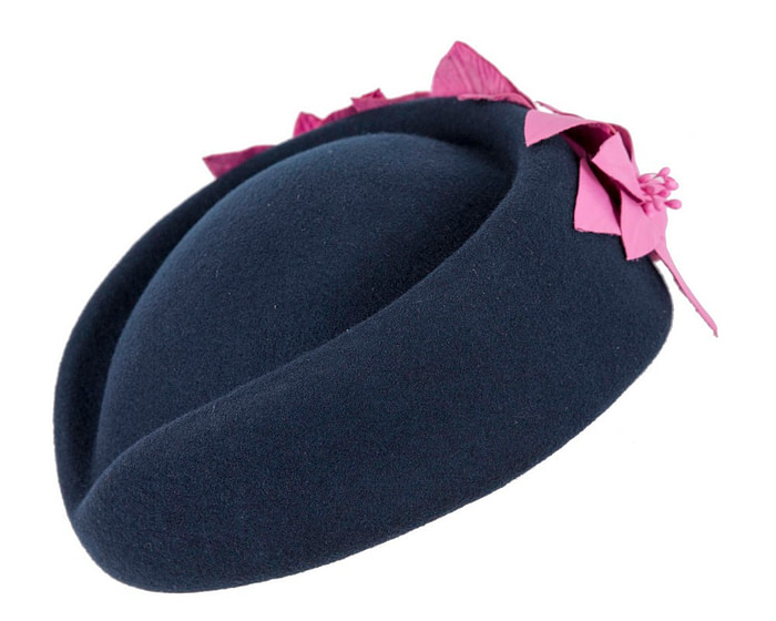 Bespoke navy and fuchsia felt beret hat by Fillies Collection - Fascinators.com.au