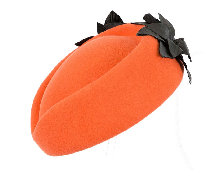 Bespoke orange and black felt beret hat by Fillies Collection - Fascinators.com.au