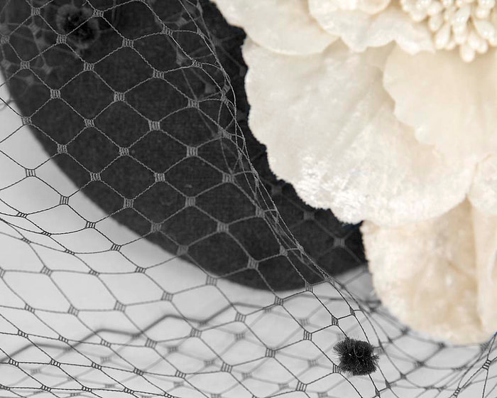 Black & cream winter felt pillbox with face veil by Fillies Collection - Fascinators.com.au