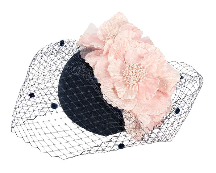Navy & pink winter felt pillbox with face veil by Fillies Collection - Fascinators.com.au