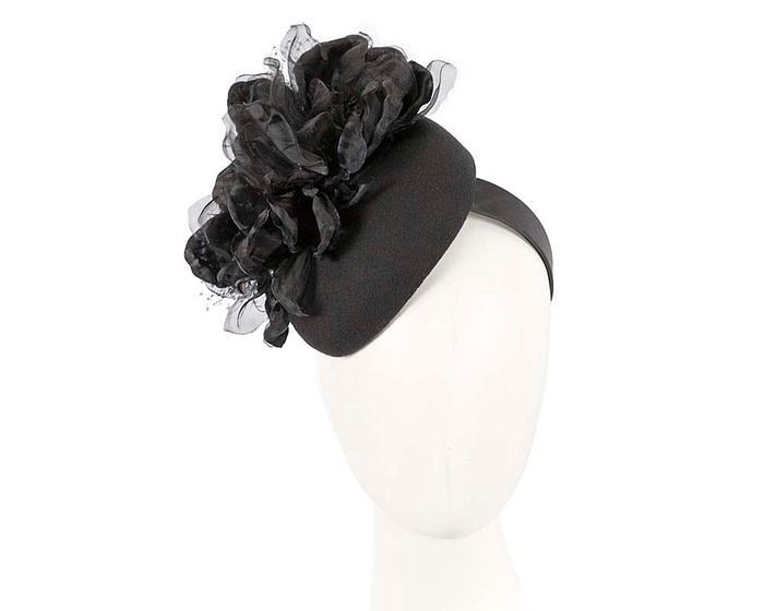 Black winter pillbox fascinator with flower by Fillies Collection - Fascinators.com.au