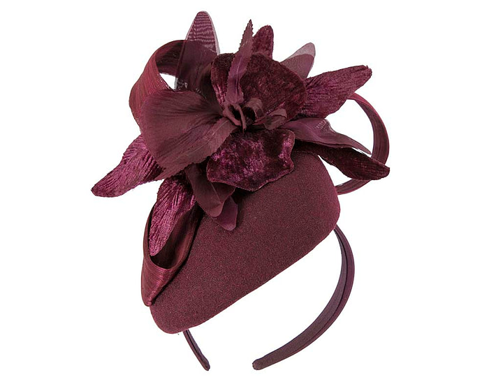 Bespoke burgundy pillbox winter fascinator with flower by Fillies Collection - Fascinators.com.au